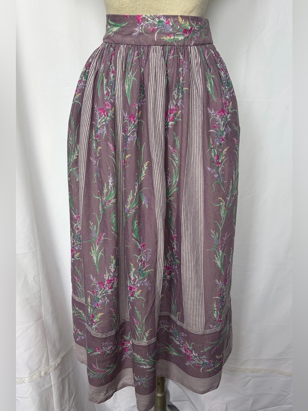 Vintage Gloria Sachs New York Floral Stripe High-Waist Gathered Midi Skirt
